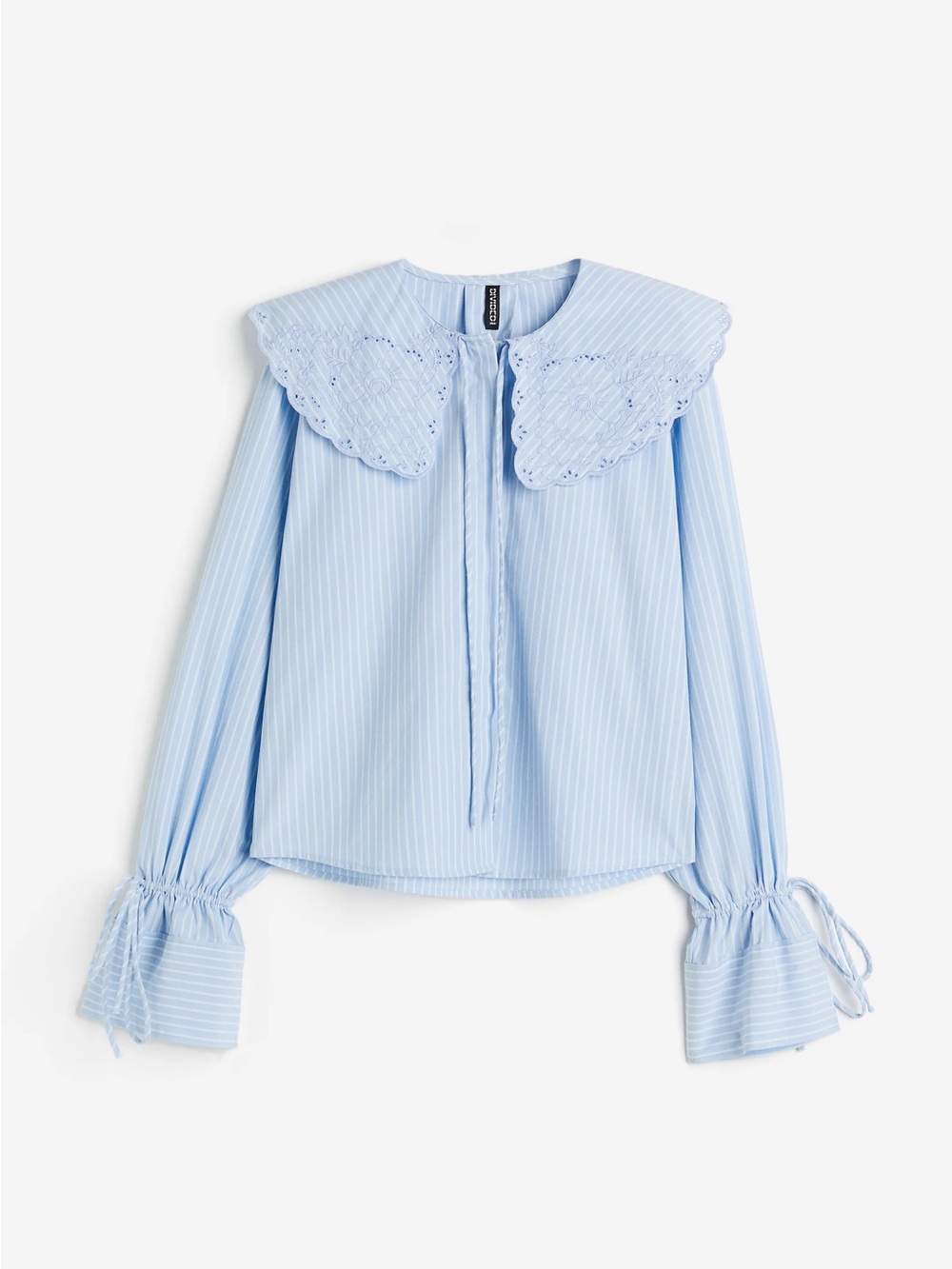 Light Blue Striped Eyelet Collar Tie-Neck Blouse